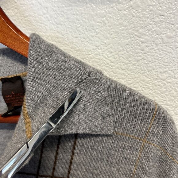 Mens Toscano Button Collar Polo Sweater Large Plaid Gray 100% Wool Made in Italy - Picture 3 of 14